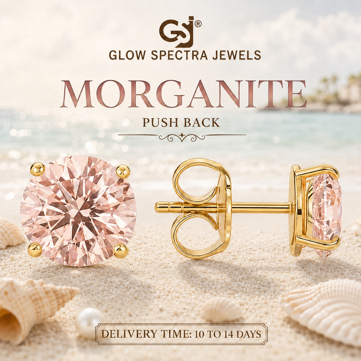 2CT Solitaire Peach Morganite Stone Stud Erring 925 Silver 14k YellowGold Plated