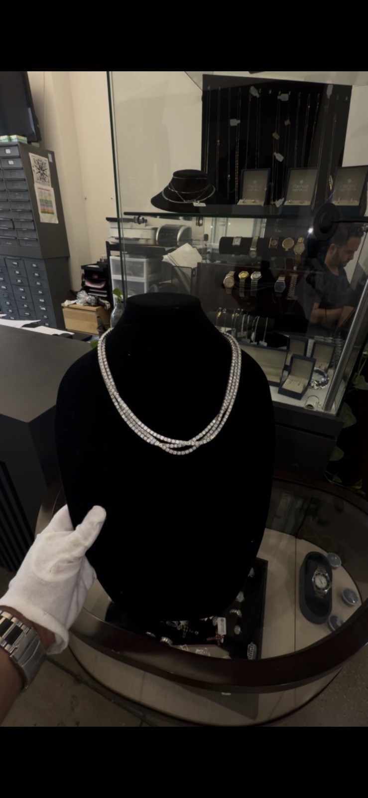 Silver-Tone Double Strand 3-Row Chain Necklace with Rhinestone/Crystal Accents