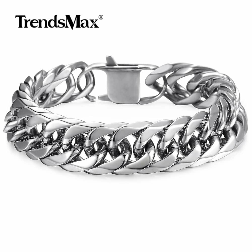 15mm 316L Stainless Steel Mens Chain Curb Cuban Link Bracelet Silver Gold Plated