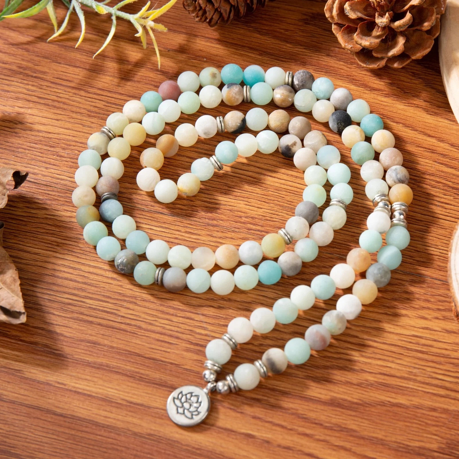 8mm 108 Mala Beads Bracelet Necklace Lotus Charm Amazonite Gemstone Yoga Jewelry