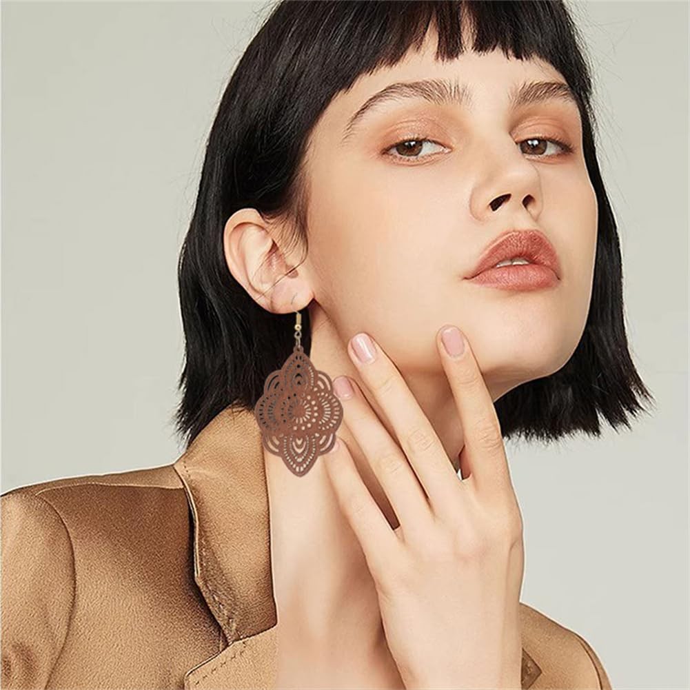 Bohemian Wood Earrings Natural Retro Lightweight Hollow Pattern Geometric Wooden