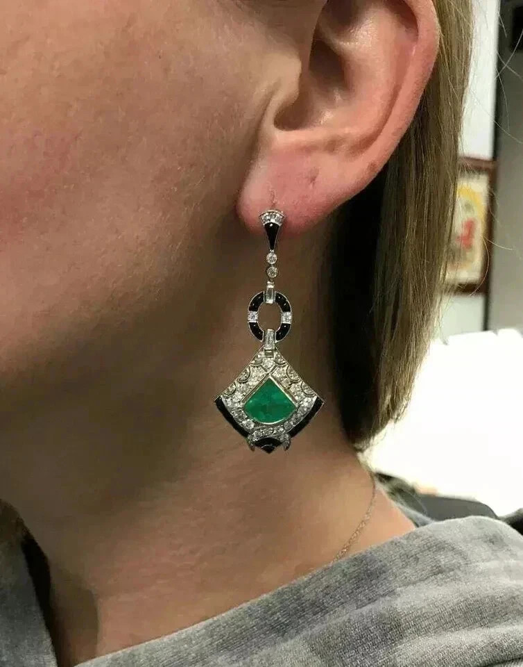 Art Deco Style Lab Created Emerald Diamond Engagement 14k White Gold FN Earrings