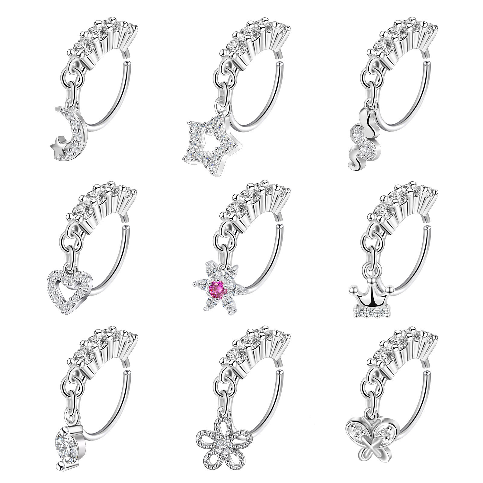 Dangle Nose Rings Hoops Butterfly Heart Moon Flower CZ Nose Piercing Jewelry 20G