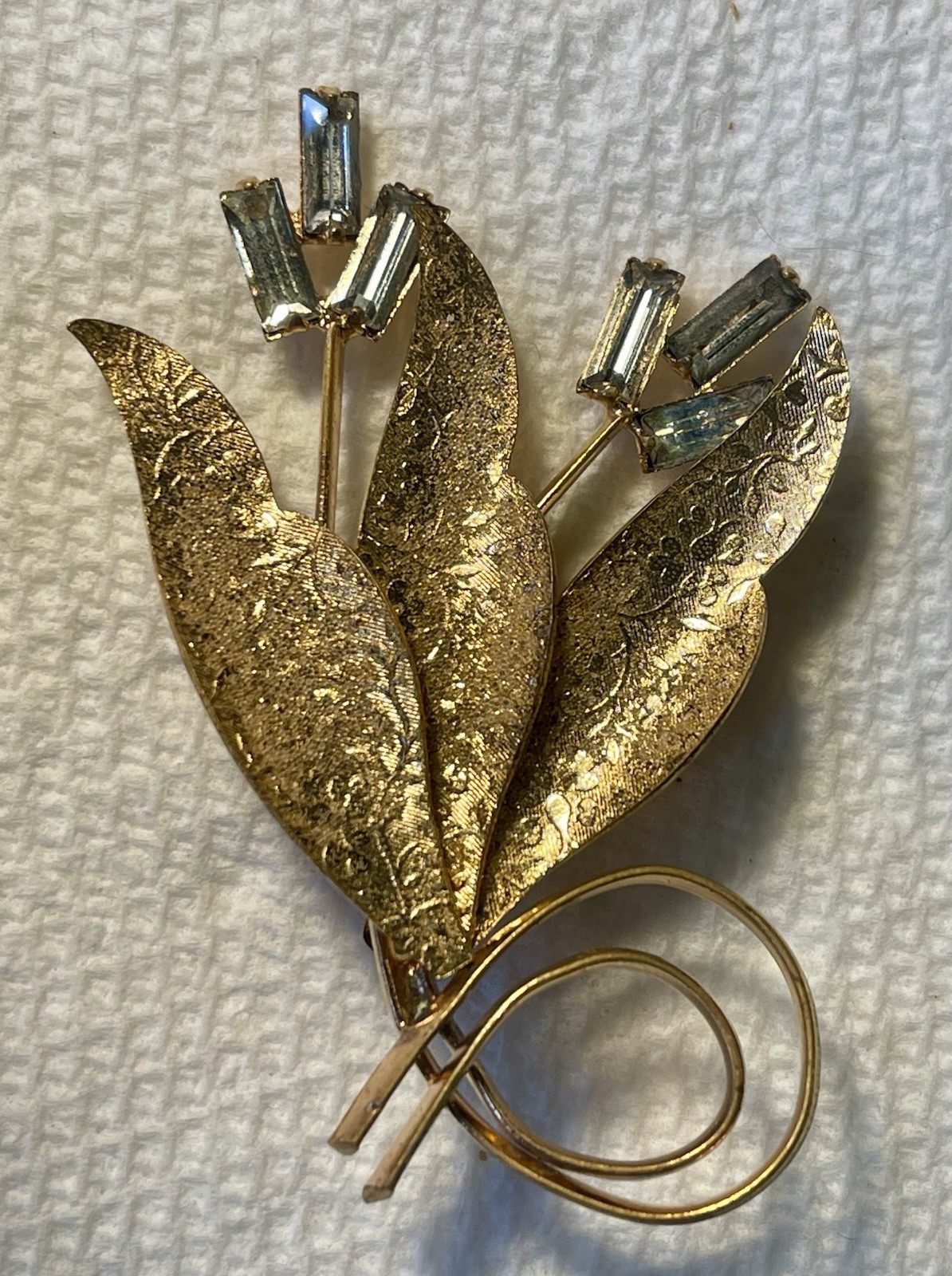 Vintage Czech Czechoslovakia Baguette Rhinestone Floral Pin Brooch Signed