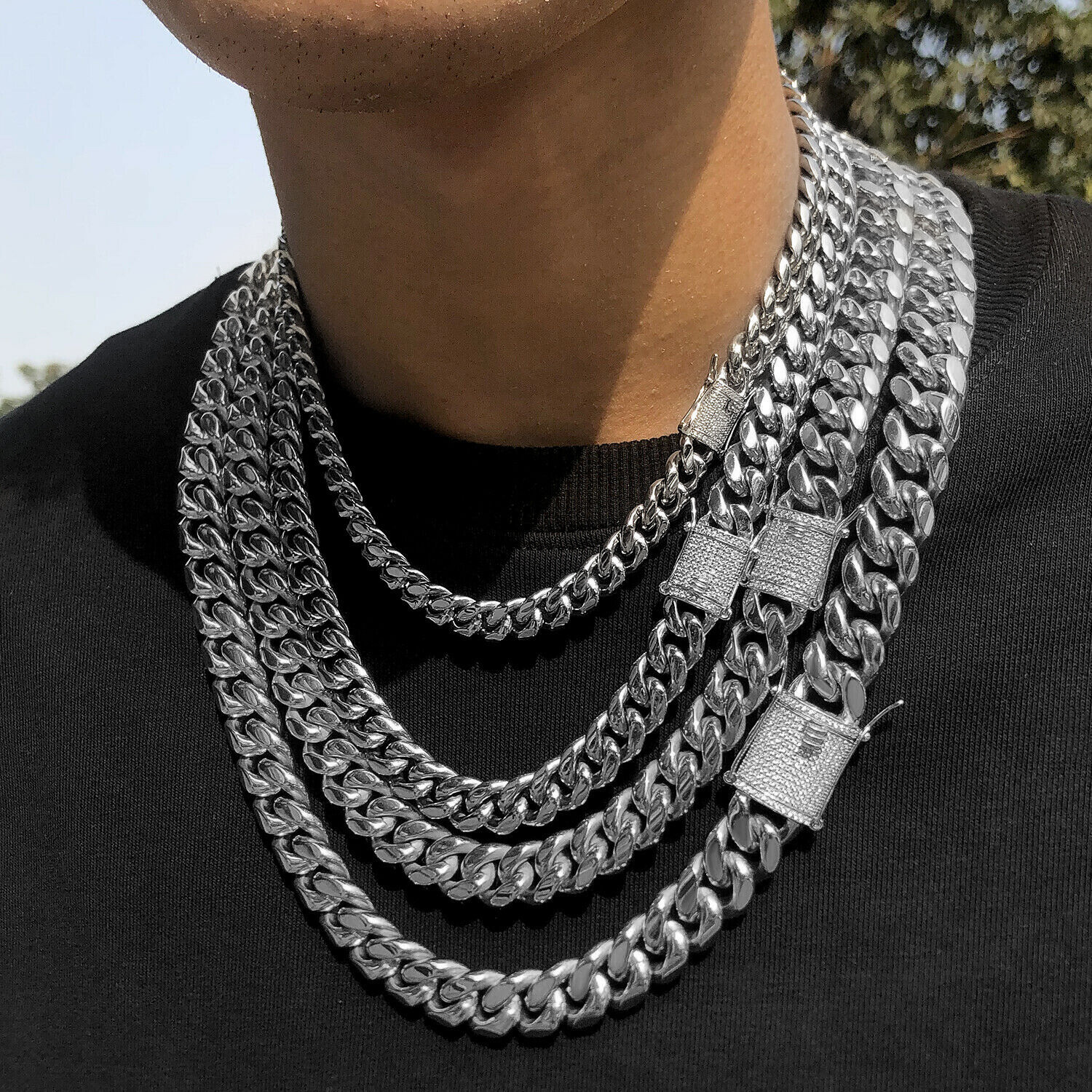 Solid Stainless Steel Necklace Cuban Link Chain For Men Iced out CZ Clasp 8-14MM