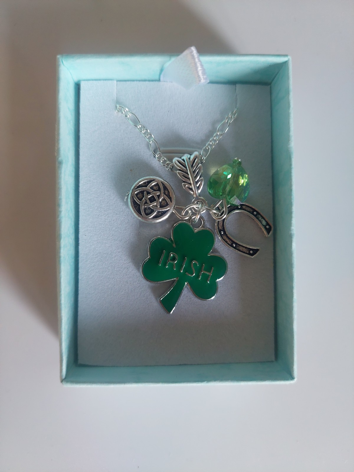 Sterling Silver 22 Inch Chain Green enamel Irish shamrock Serch Bythol heart