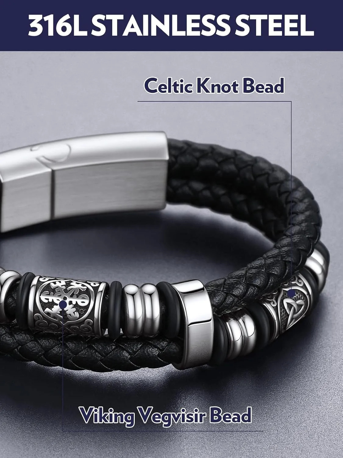 Men Black Double Wax Rope Bracelet Waterproof Stainless Steel Celtic Knot 7 9…