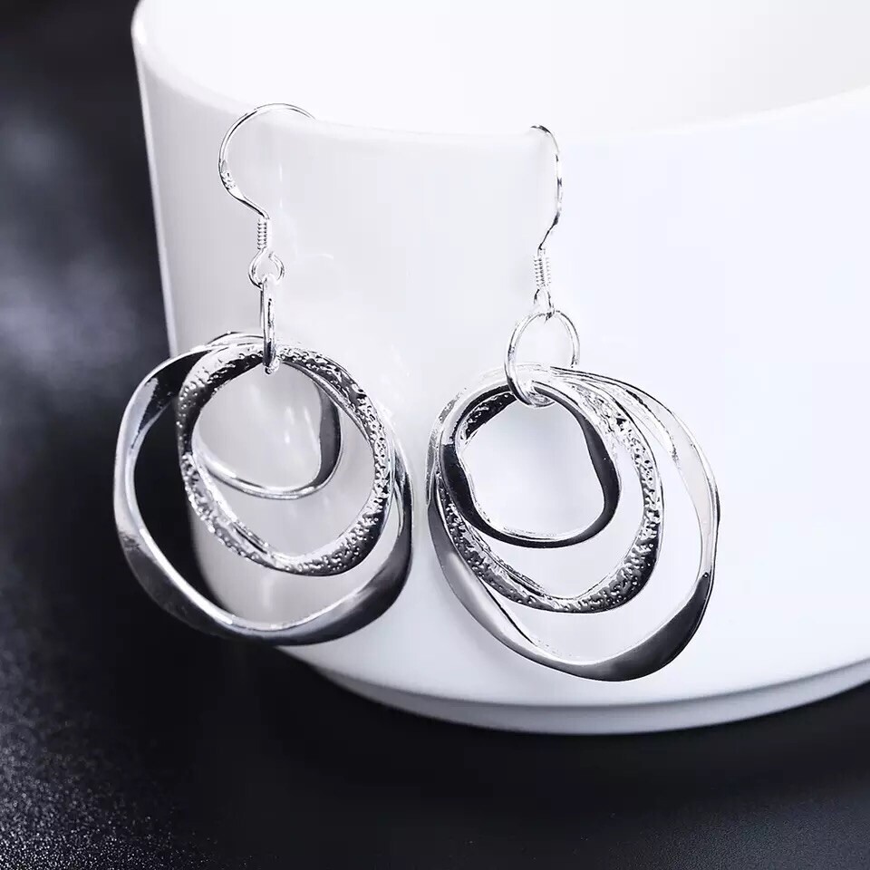 Womens 925 Sterling Silver 3 Circle Round Dangle Drop Hoop Hook Earrings E42