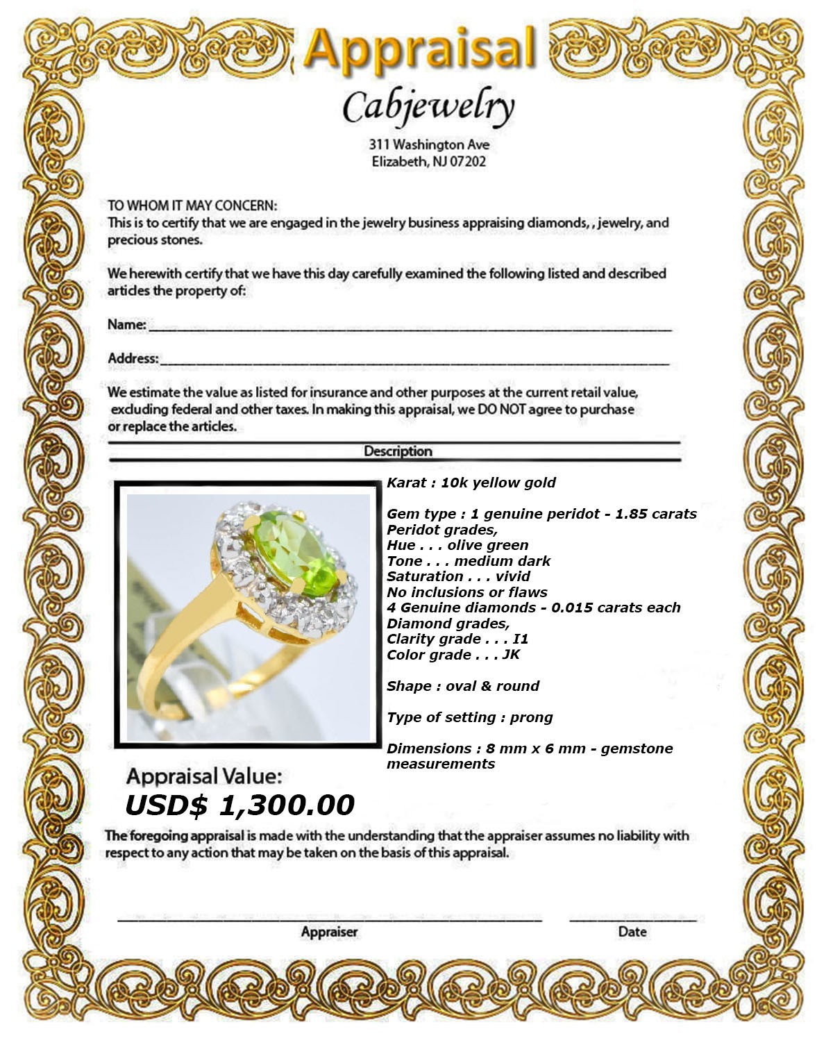GENUINE 1.85 Cts PERIDOT & DIAMOND RING 10k SOLID YELLOW GOLD – Free Appraisal