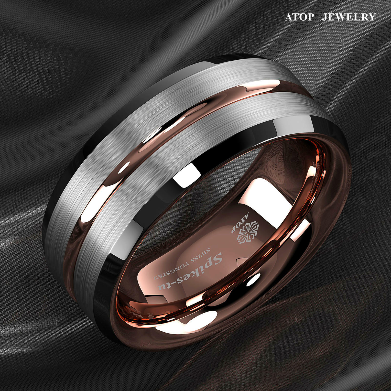 8/6Mm Silver Brushed Plated Metal Rose Gold ATOP Men Tungsten Wedding Band Ring