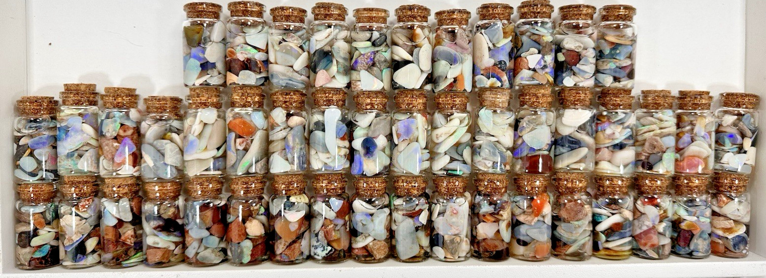 40 ct Premium Australian Coober Pedy Rough/Rubs Opals in Glass Bottles