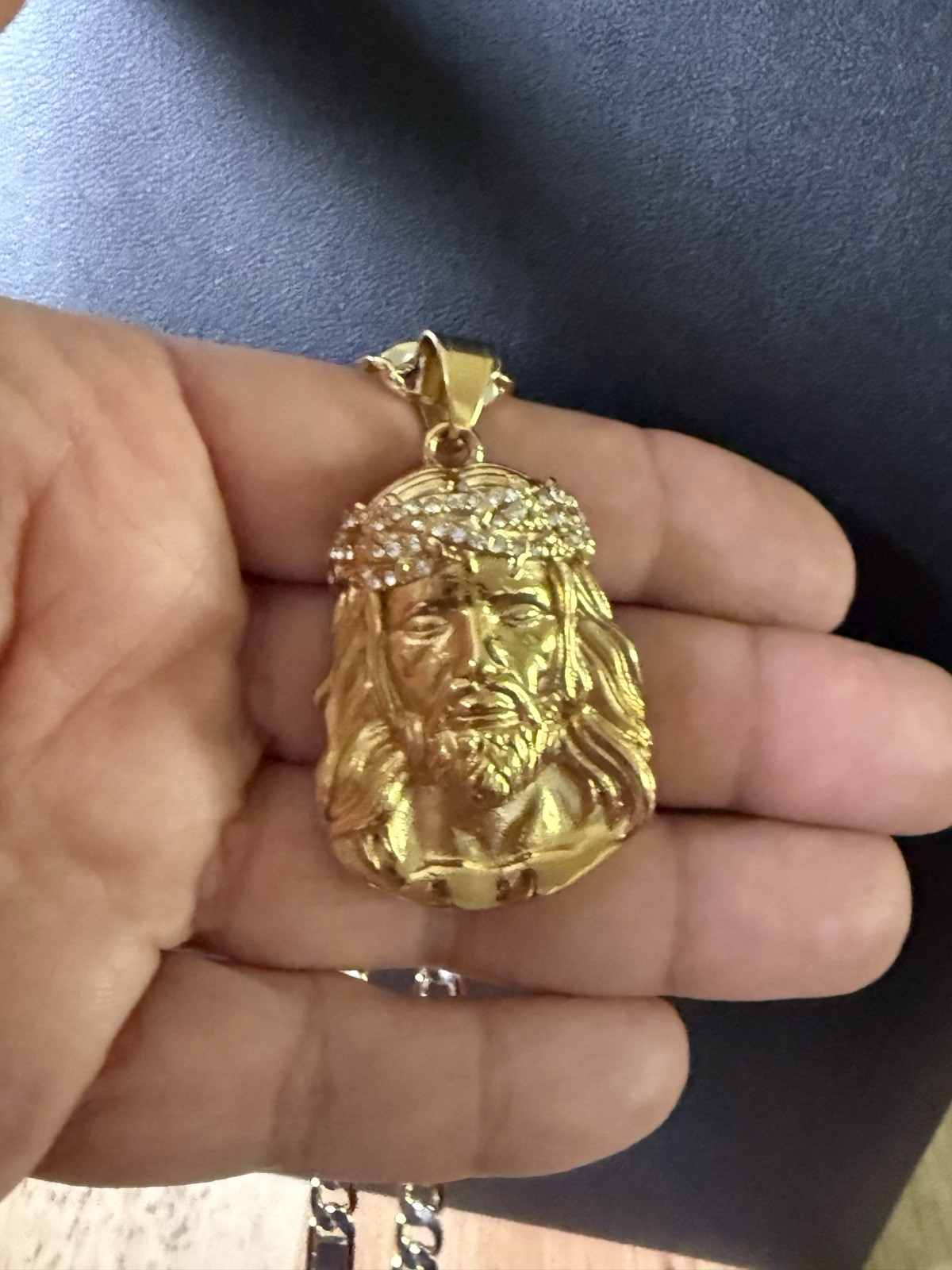 Gold Figaro Chain none tarnish Jesus Head Pendant White CZ Lobster