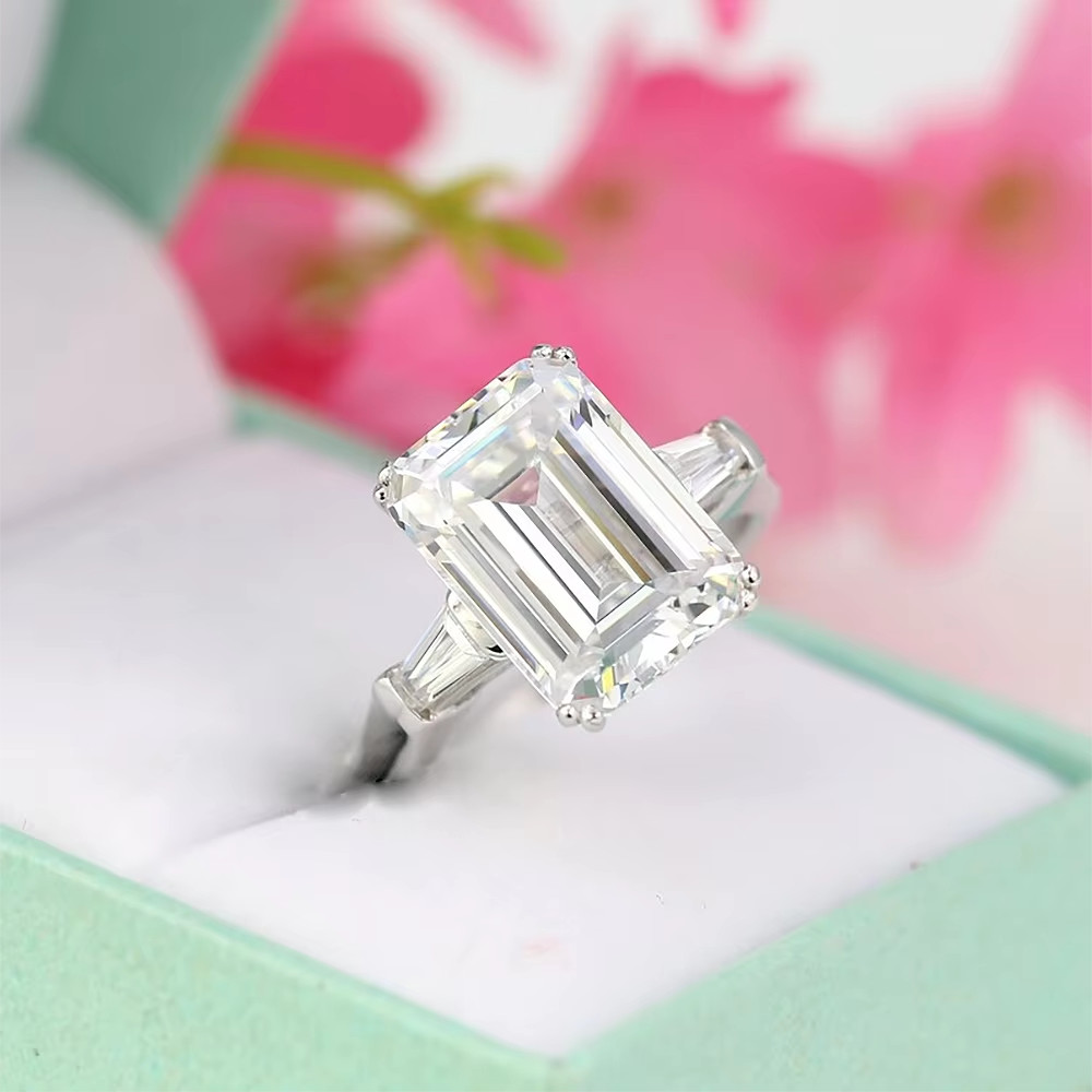 3.00Ct Emerald Cut Moissanite Three-Stone Engagement Ring 14k White Gold Plated