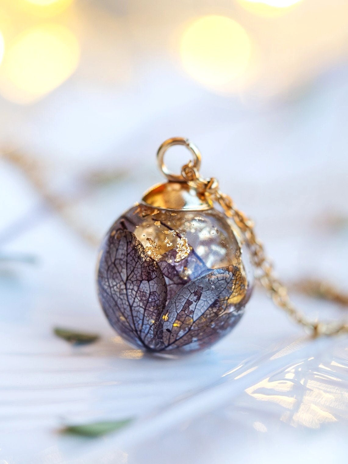 **Dried Hydrangea Resin Orb Necklace Whimsical Fairy Pressed Flower Pendant**