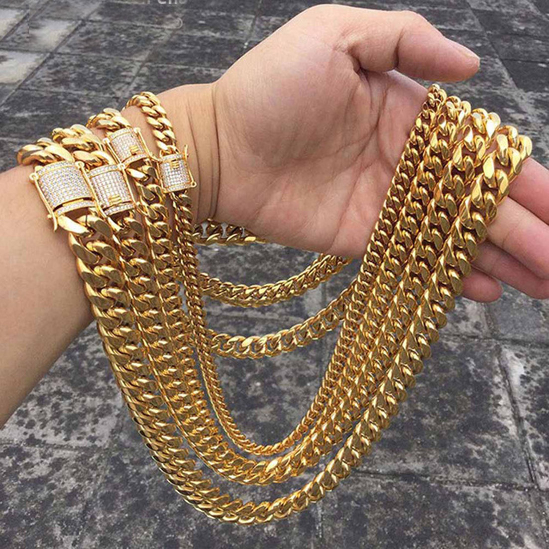 Miami Cuban Link Chain Necklace Rhinestone Clasp 18K Gold Plated Stainless Steel