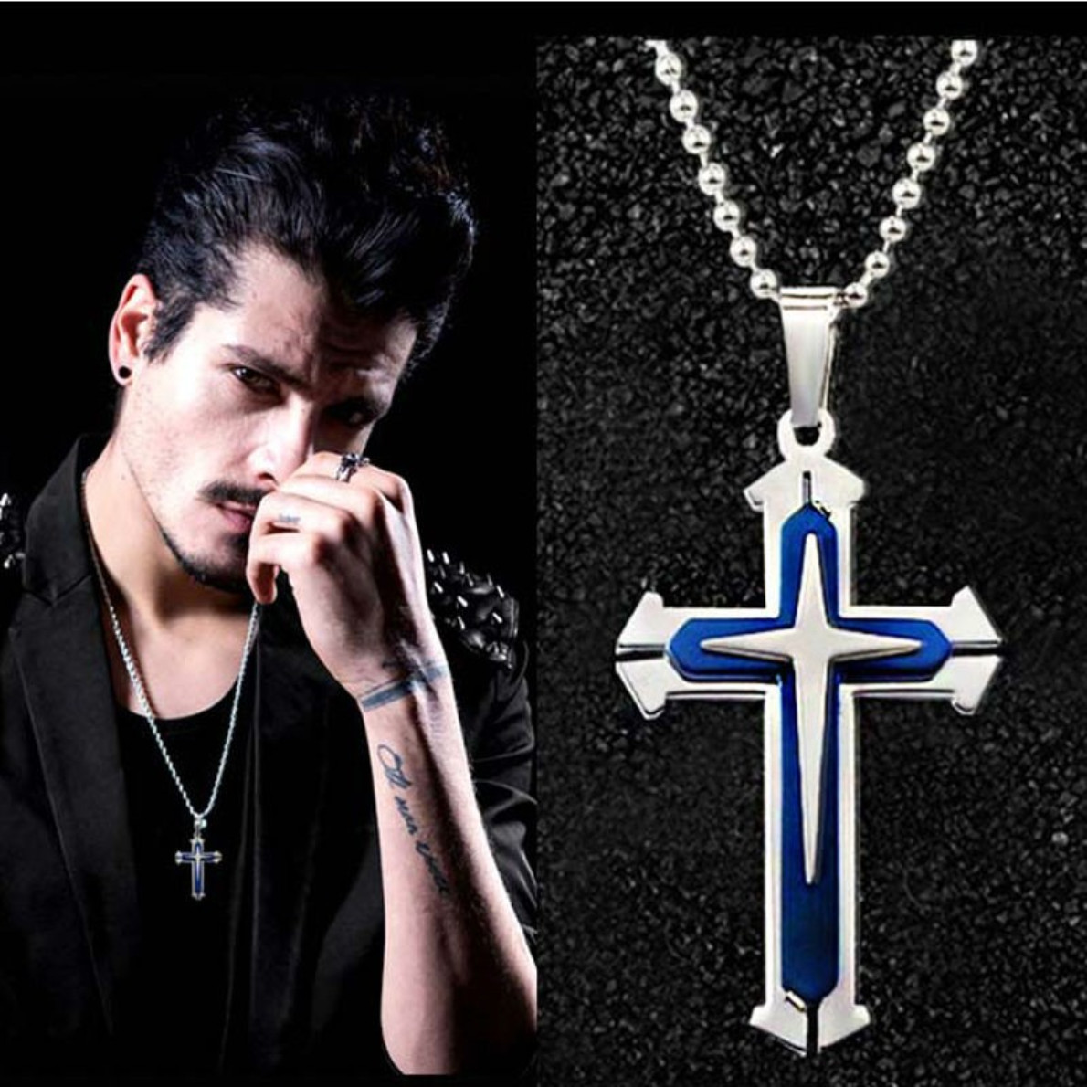 Cross Pendant Necklace Stainless Steel Crucifix Cuban Gold Black Men Unisex Gift