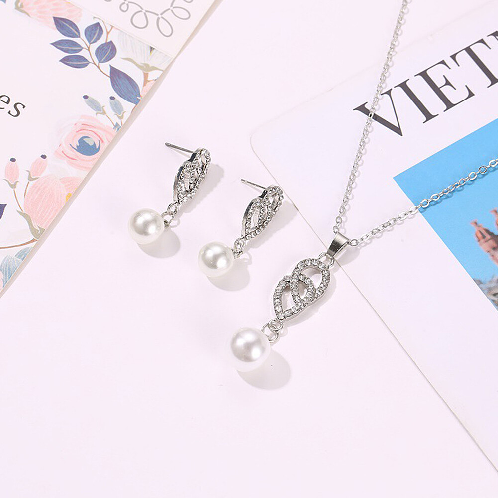US 2 Pcs Pearl Rhinestone Crystal Peacock Themed Necklace + Earrings Jewelry Set