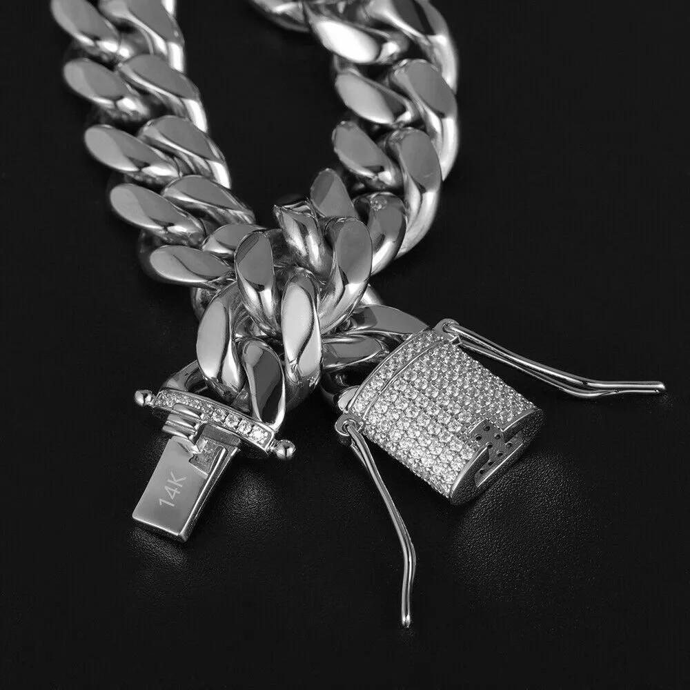 White Gold Plated Stainless Steel Miami Cuban Link Bracelet Chain With CZ Clasp