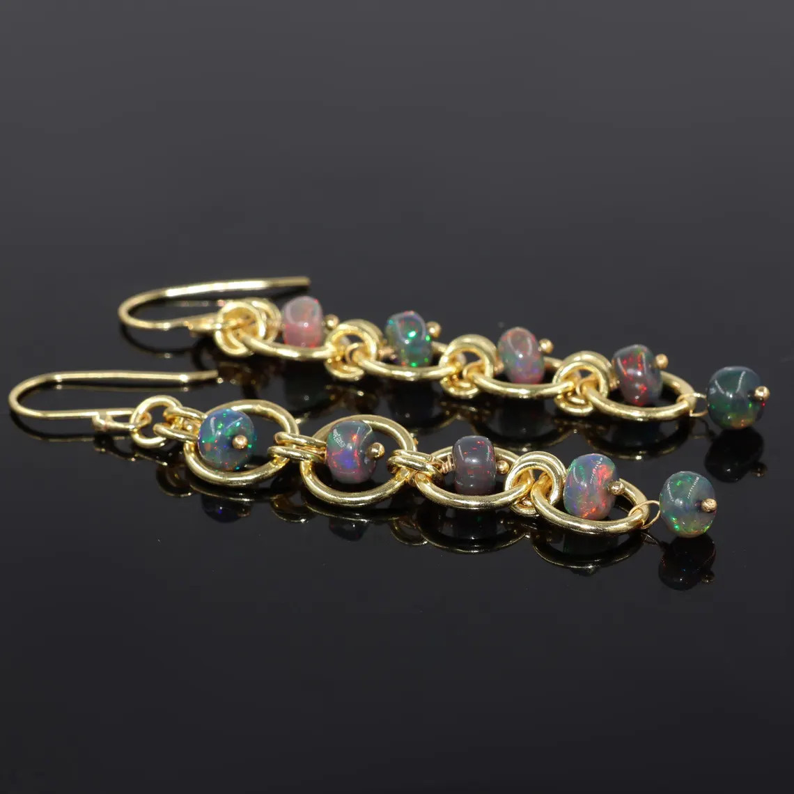 Black Ethiopian opal Chain link dangle handmade Earrings jewelry Gift 18k gold