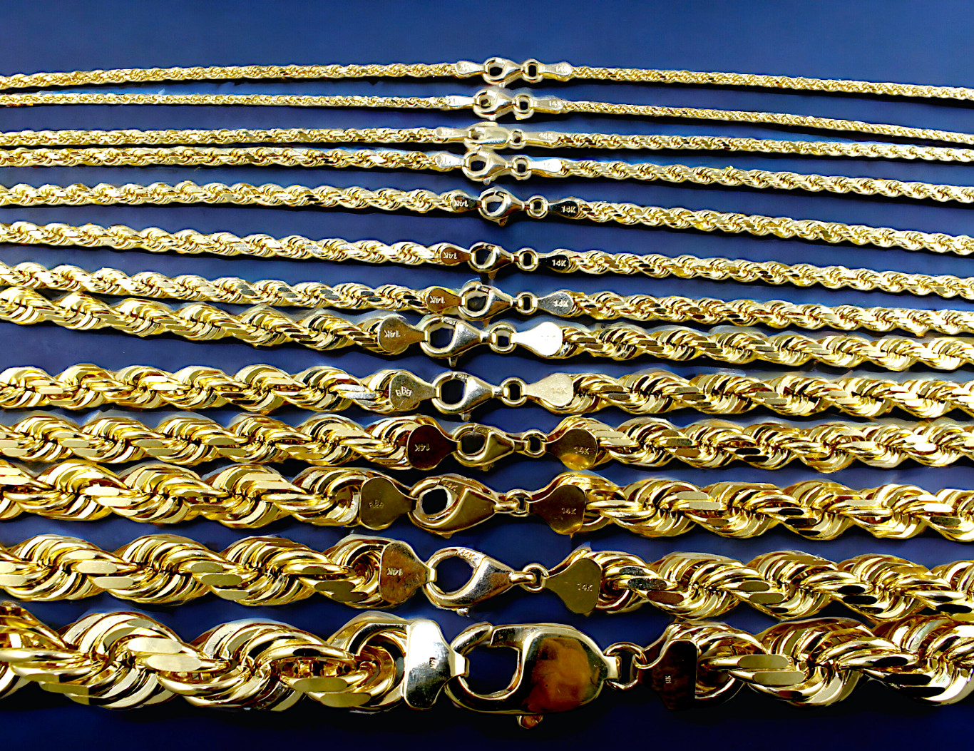 14K Yellow Gold Rope Chain Necklace Diamond Cut Real Gold 1mm-10mm 16″-30″