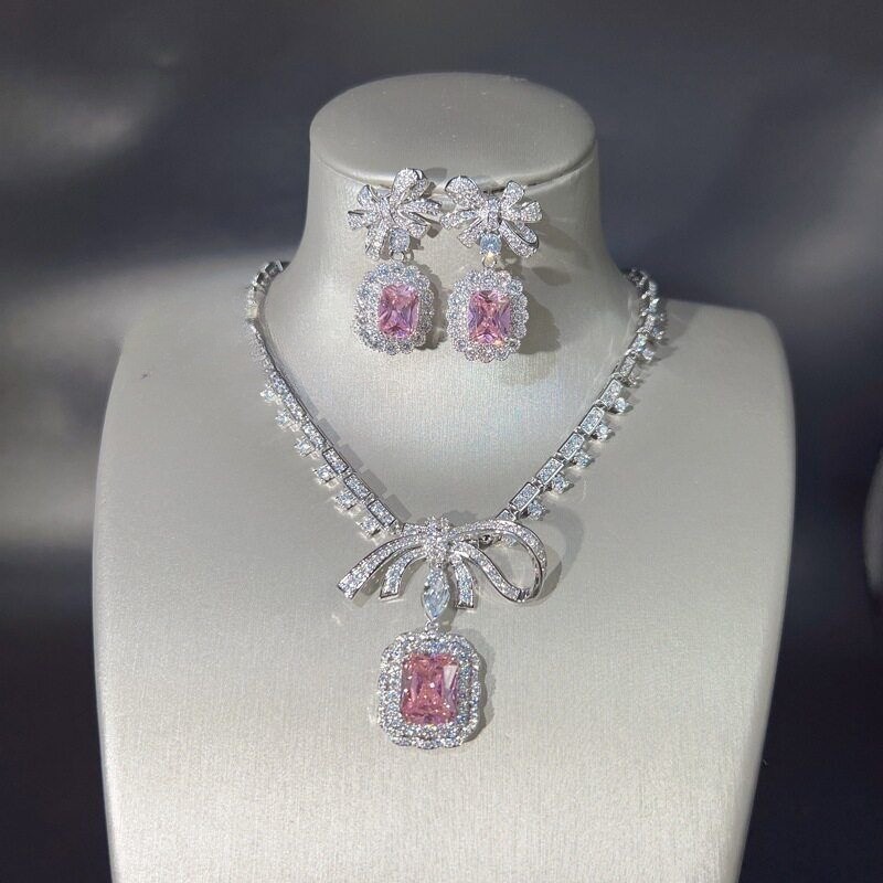 Silver vintage Tone Pink Diamond Jewelry Set Necklace Drop Earrings for Women