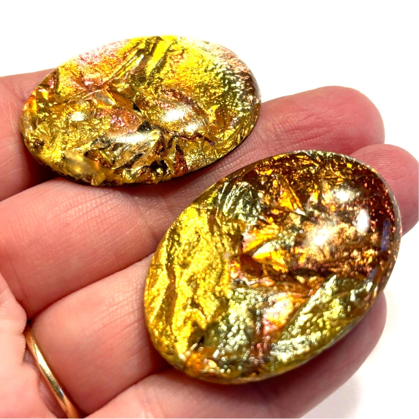 Foil backed Lucite scatter pins (2) oval shape brooches pair gold pink copper