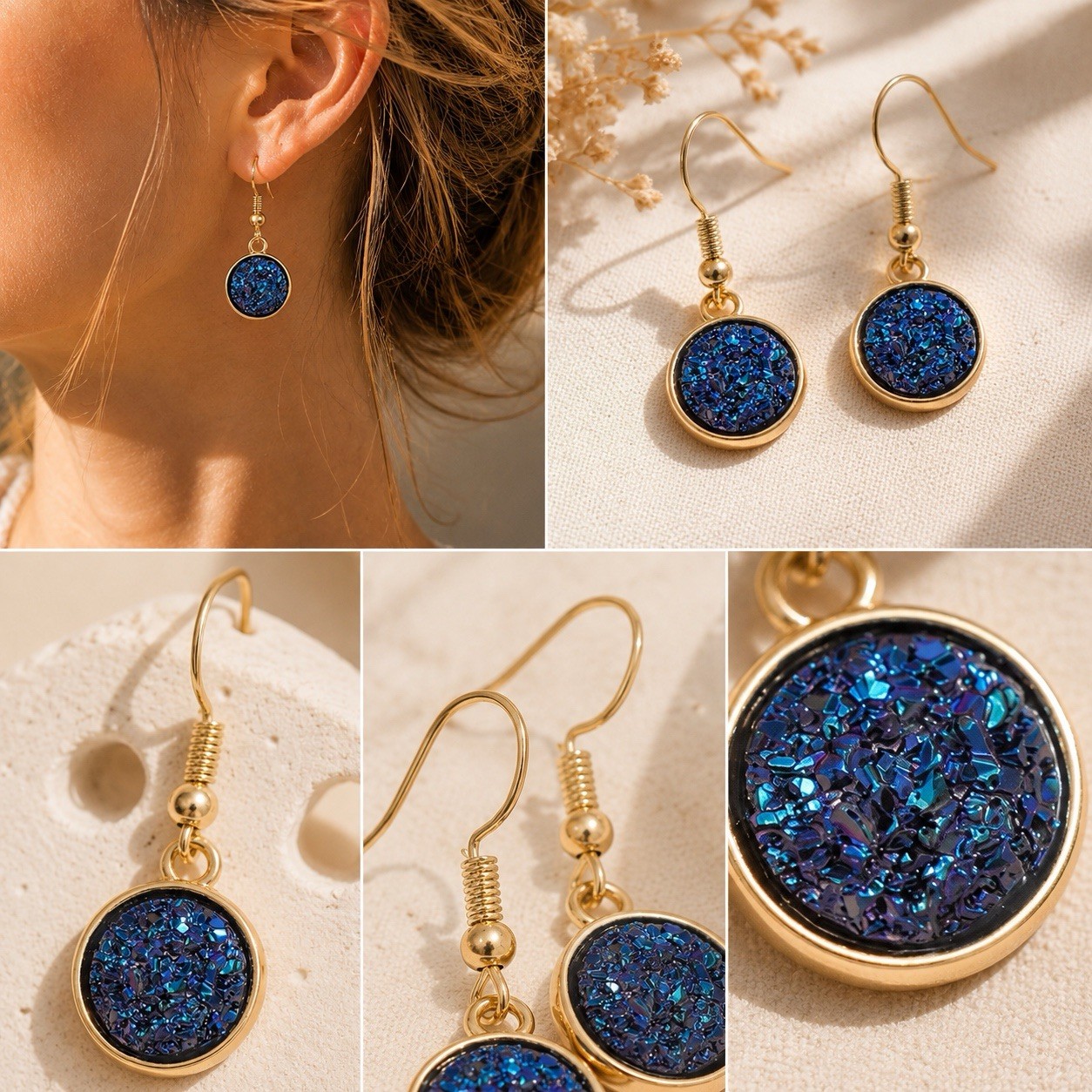 Blue Druzy Resin Dangle Earrings, Gold Tone Minimalist Jewelry