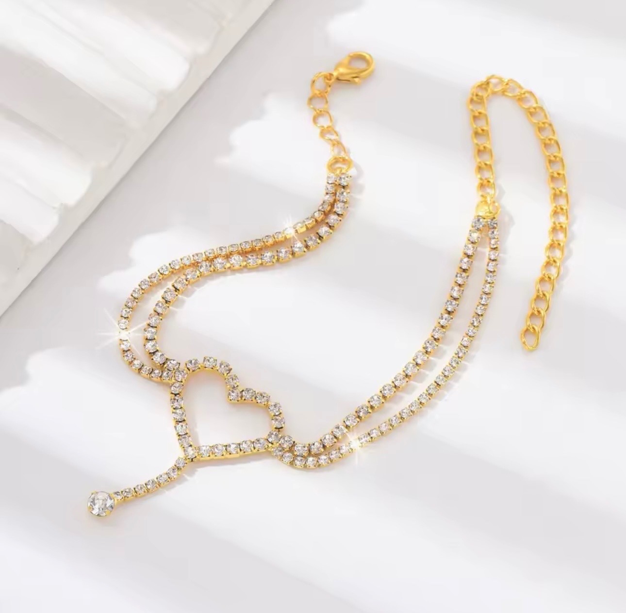 Shiny Bling Heart Drop Tassel Charm Double Layer Anklet Women Beach Foot Chain