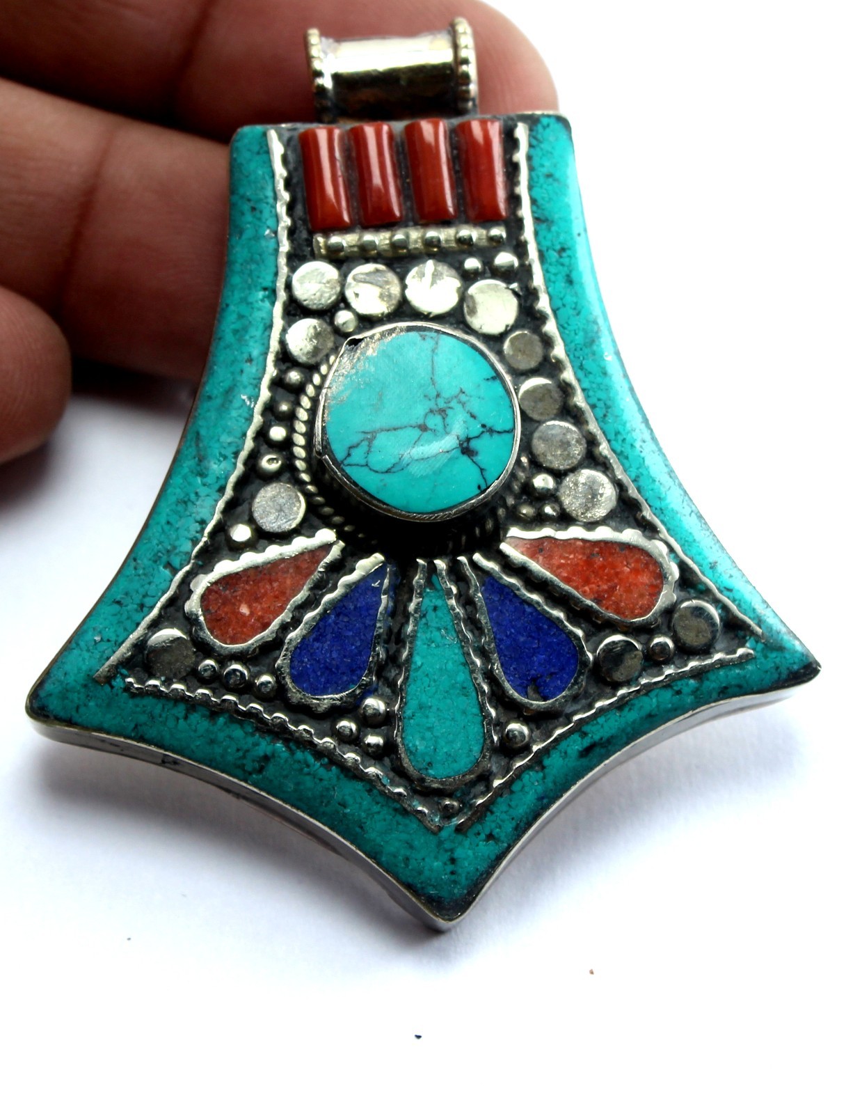 Large Turquoise Coral Blue Statement Fancy Pendant Boho Southwestern Silver Tone