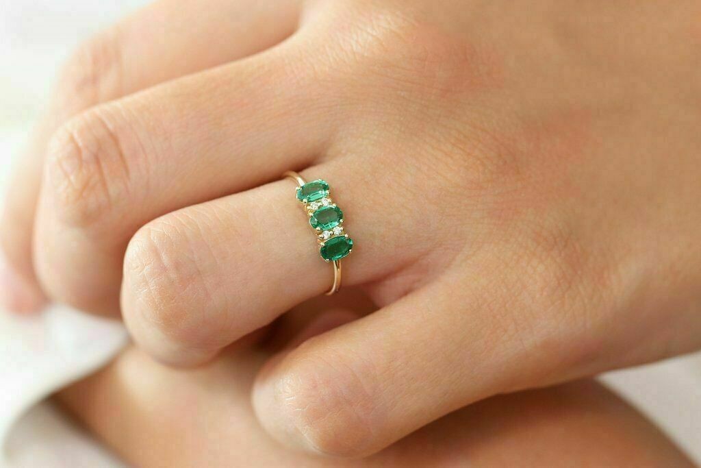 2Ct Oval Cut Lab Created Green Emerald Three-Stone Ring 14K Yellow Gold Plated