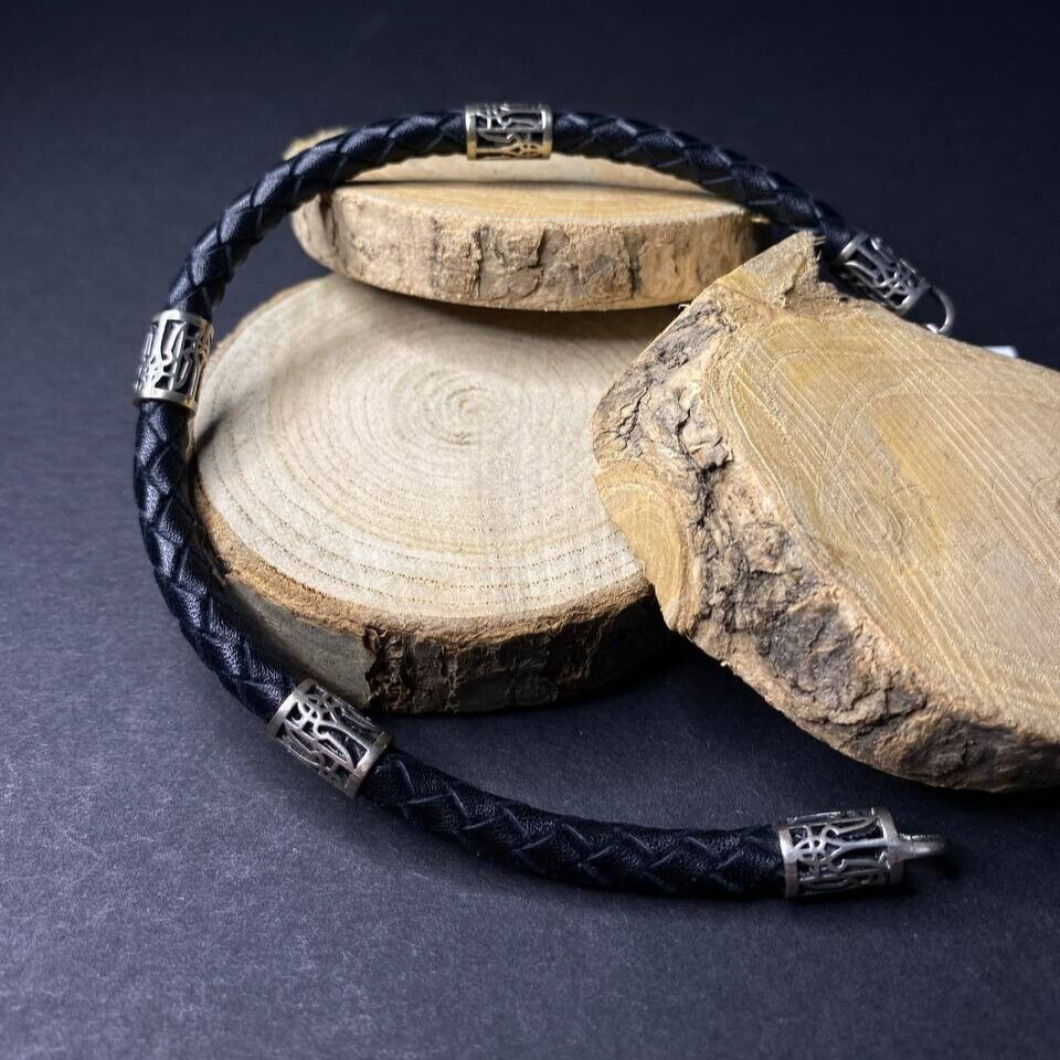 Black Leather Men Bracelet Ukrainian Symbols Trident Silver 925