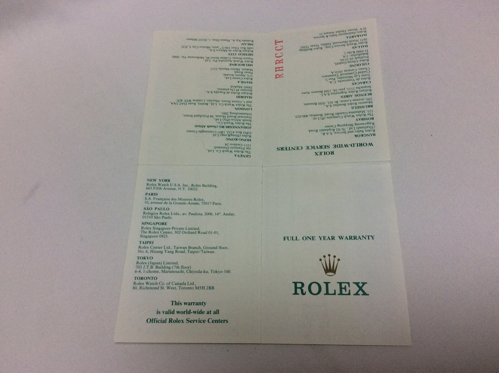 ROLEX FULL ONE YEAR WARRANTY 568.06.40.3.88 / Accessories for Collectors