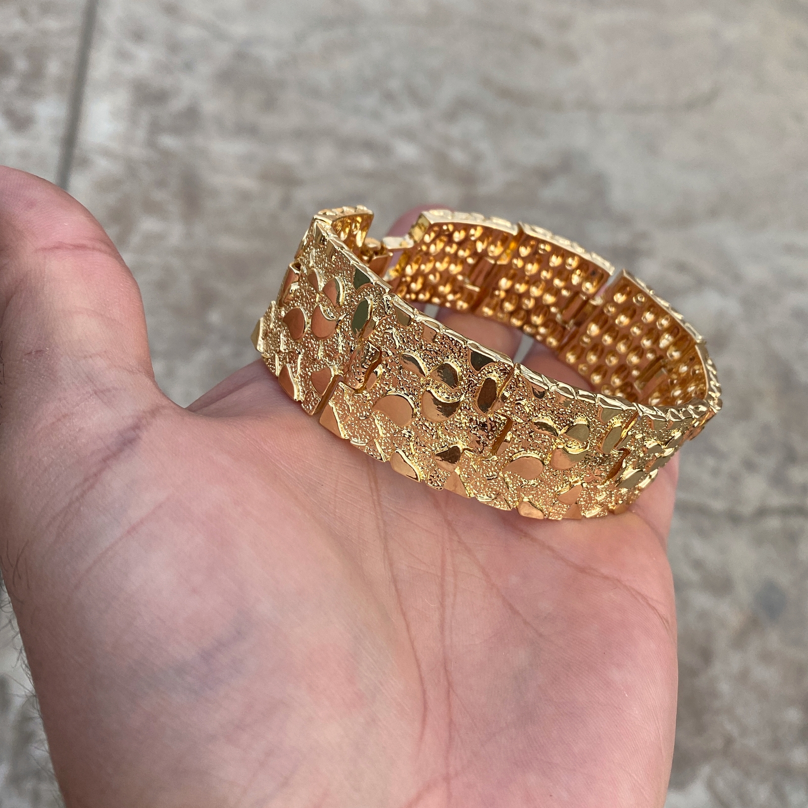Men’s 14K Gold Plated “Gold Nugget” Heavy Hip Hop Bracelet Big 24MM Thick 8″ in