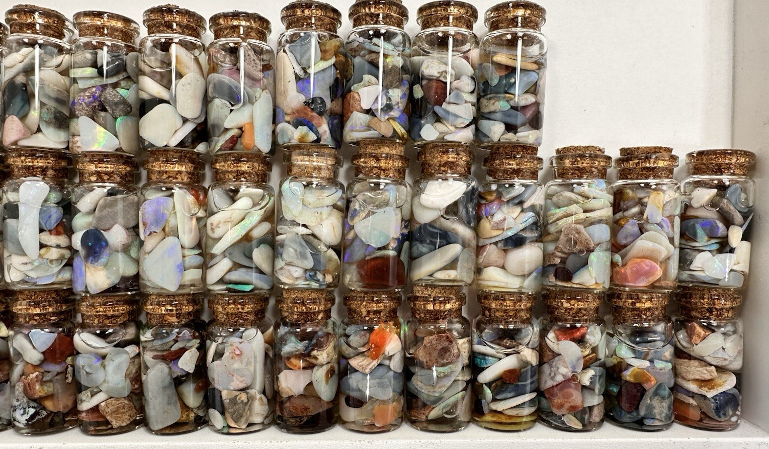40 ct Premium Australian Coober Pedy Rough/Rubs Opals in Glass Bottles