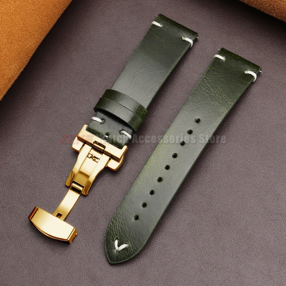 Genuine Leather Butterfly Buckle Watch Bands 18/20/22mm Waterproof Retro Oil Wax