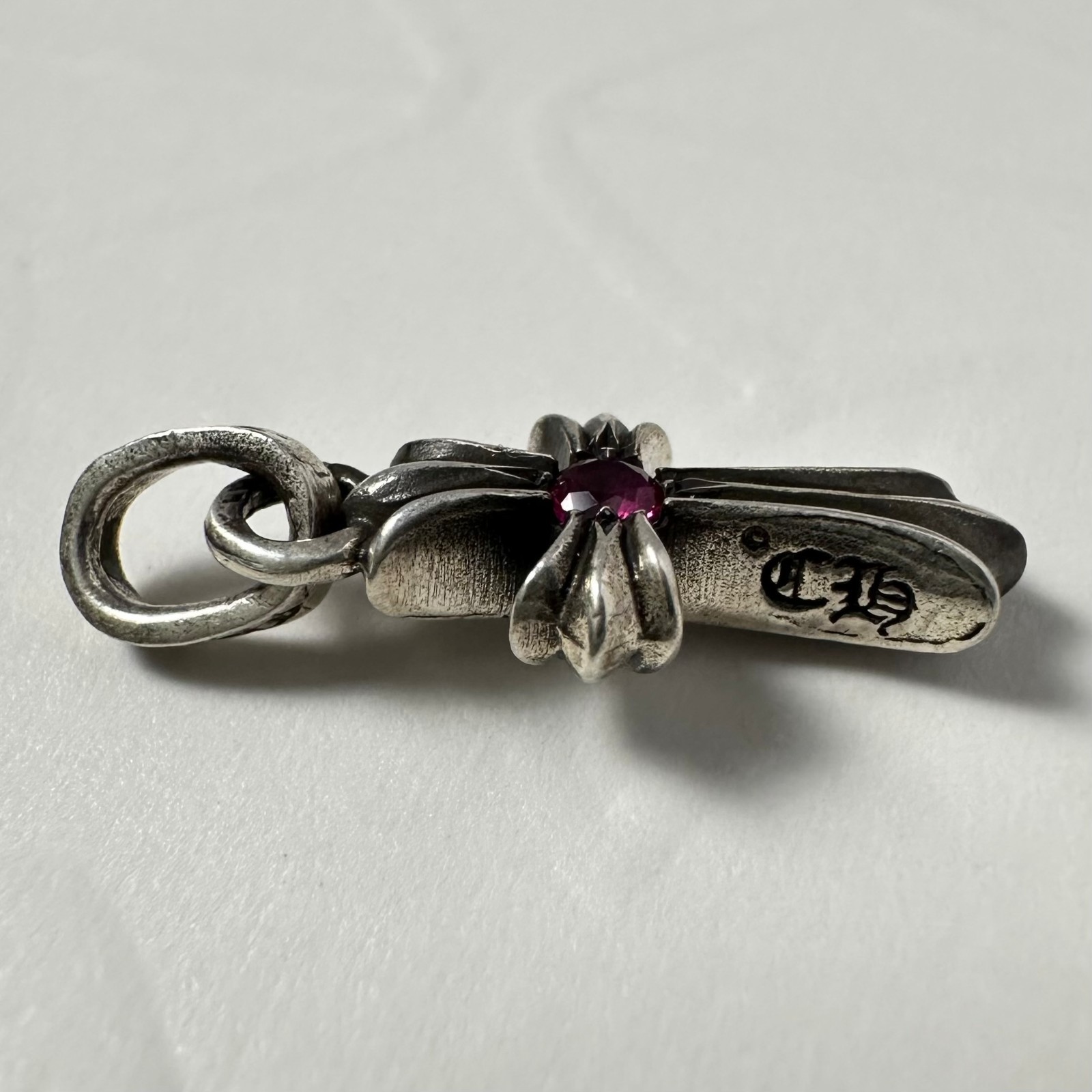 Authentic Chrome Hearts Single Ruby Baby Fat Cross Charm 925 Sterling Silver