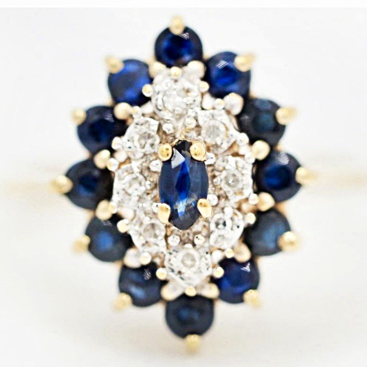 sumal 10K Yellow Gold Natural Blue Marquise Sapphire & Diamond Cluster Ring 7.5
