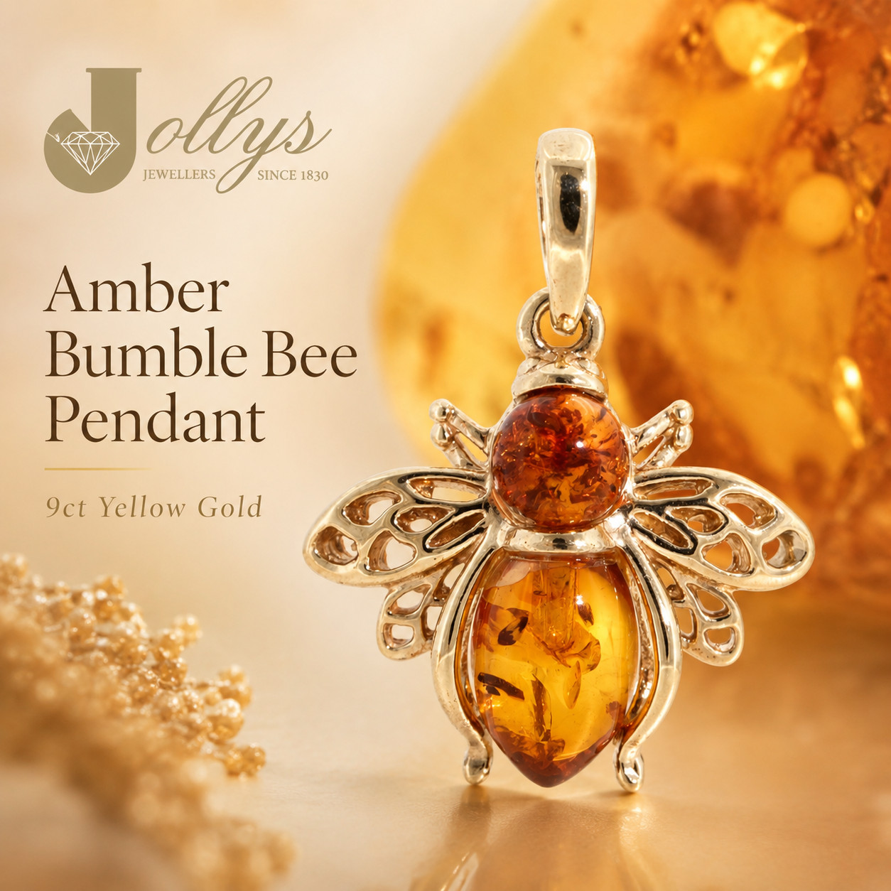 9Carat Yellow Gold Amber Bumble Bee Pendant (18.5x18mm)