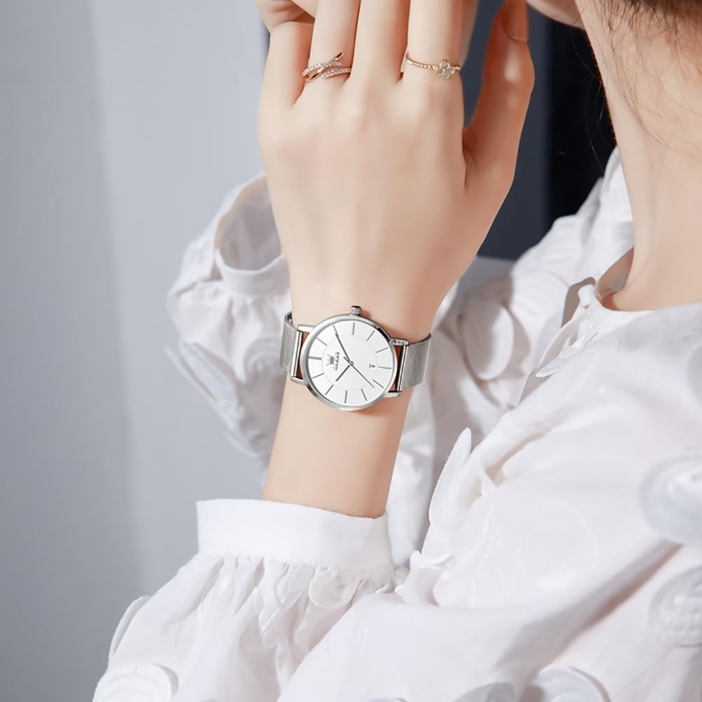 Ultra-Thin Silver Ladies Watch – Stylish Waterproof Mesh Strap with Date Display