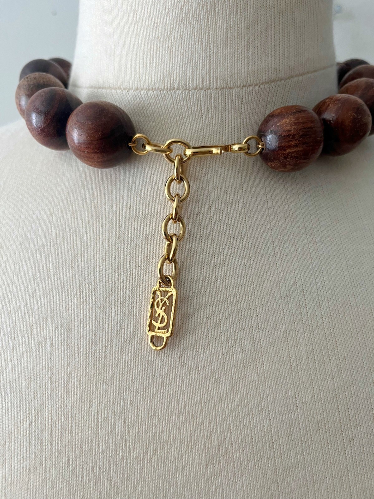 Rare Vintage Yves Saint Laurent YSL Wood Beaded Necklace Green Enamel Gold