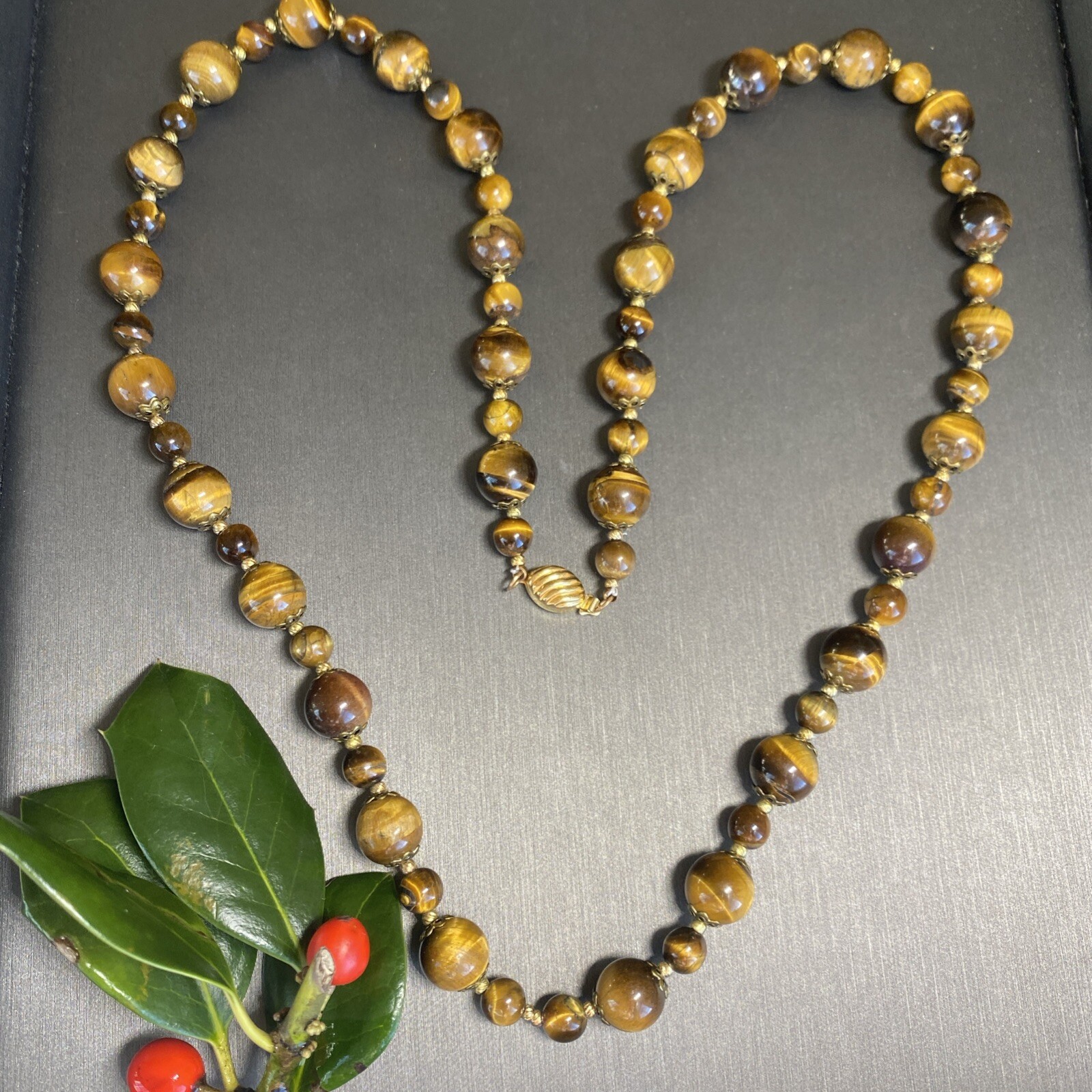 Vintage Tigers Eye Necklace Estate Fine Jewelry Pre-Owned Floral Filigree 25″
