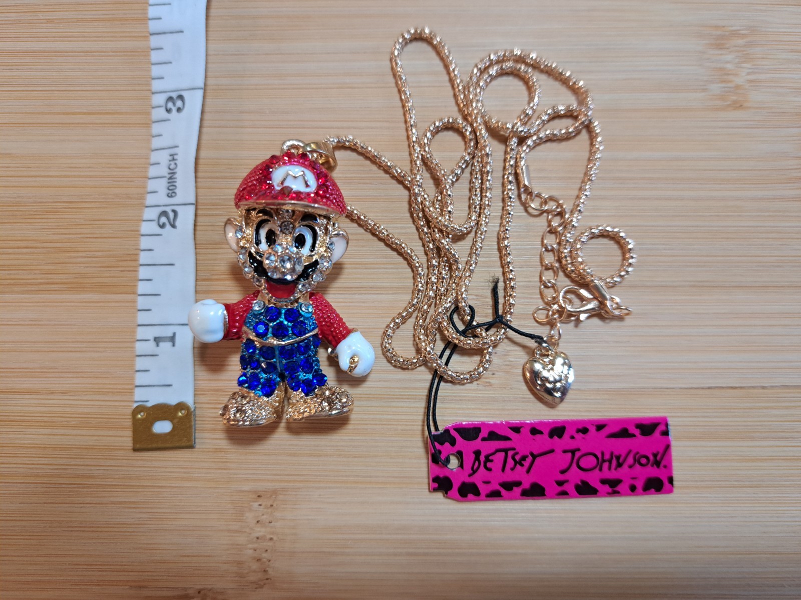 Betsey Johnson Signed Mario Crystal Statement Necklace NWT Gold Tone 27″ Chain