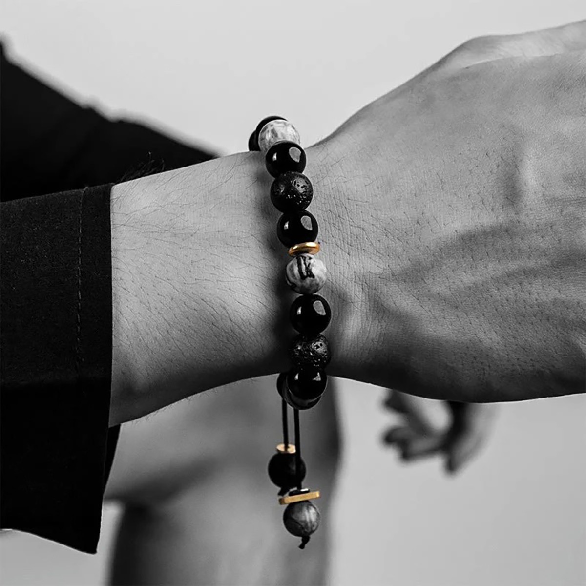 Black Obsidian Lava Rock Bracelet Stone Mindfulness Strength Beads Gift for Men