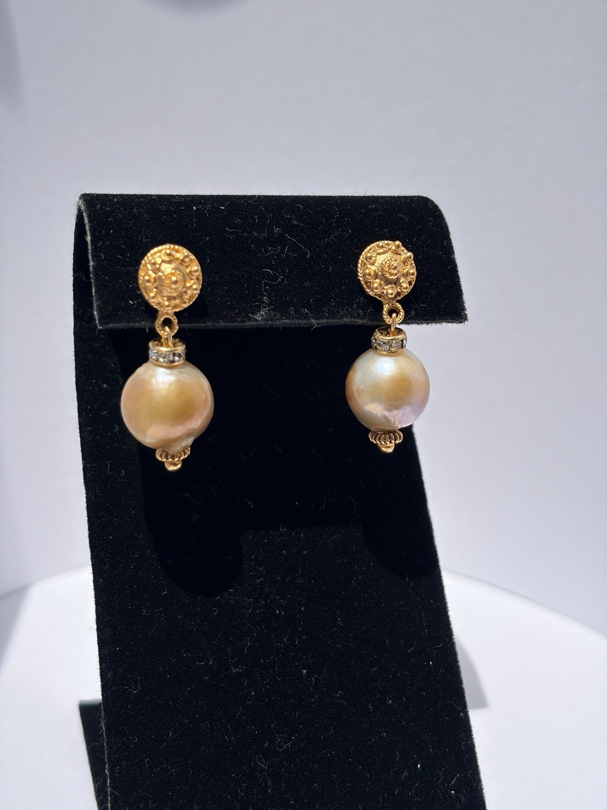 Lustrous Freshwater Baroque 12mm Champagne Pearl Vermeil Drop Earrings with Cz