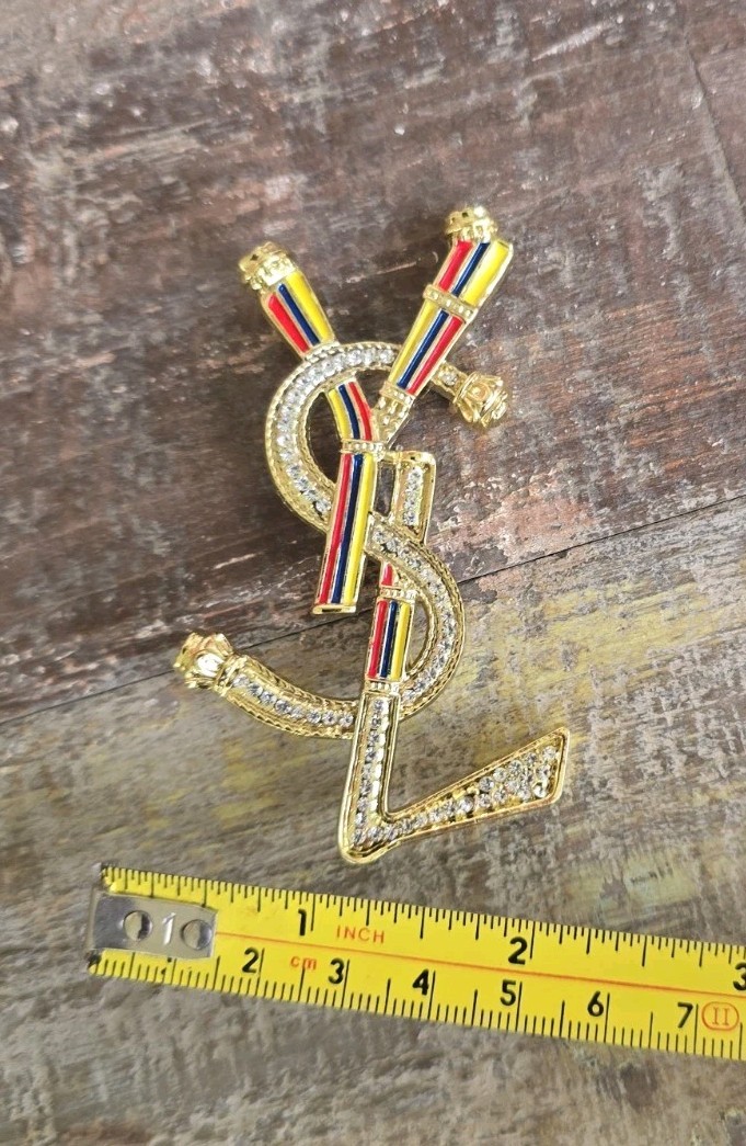 YSL Yes Saint Laurent Paris Brooch Pin Multi Color Gold Tone & Rhinestones