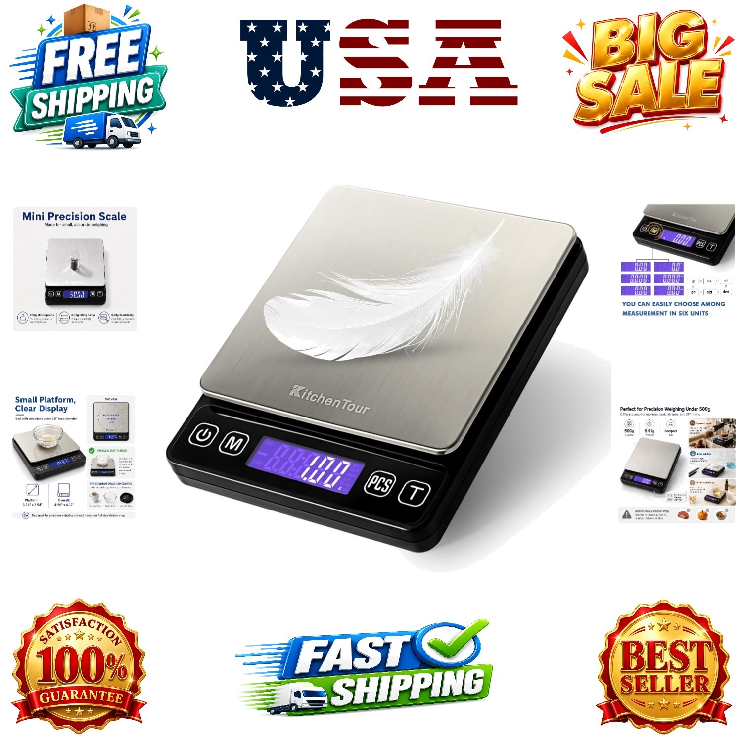 KitchenTour Mini Gram Scale for Coffee, Jewelry and Small Items, 500g x 0.01g…