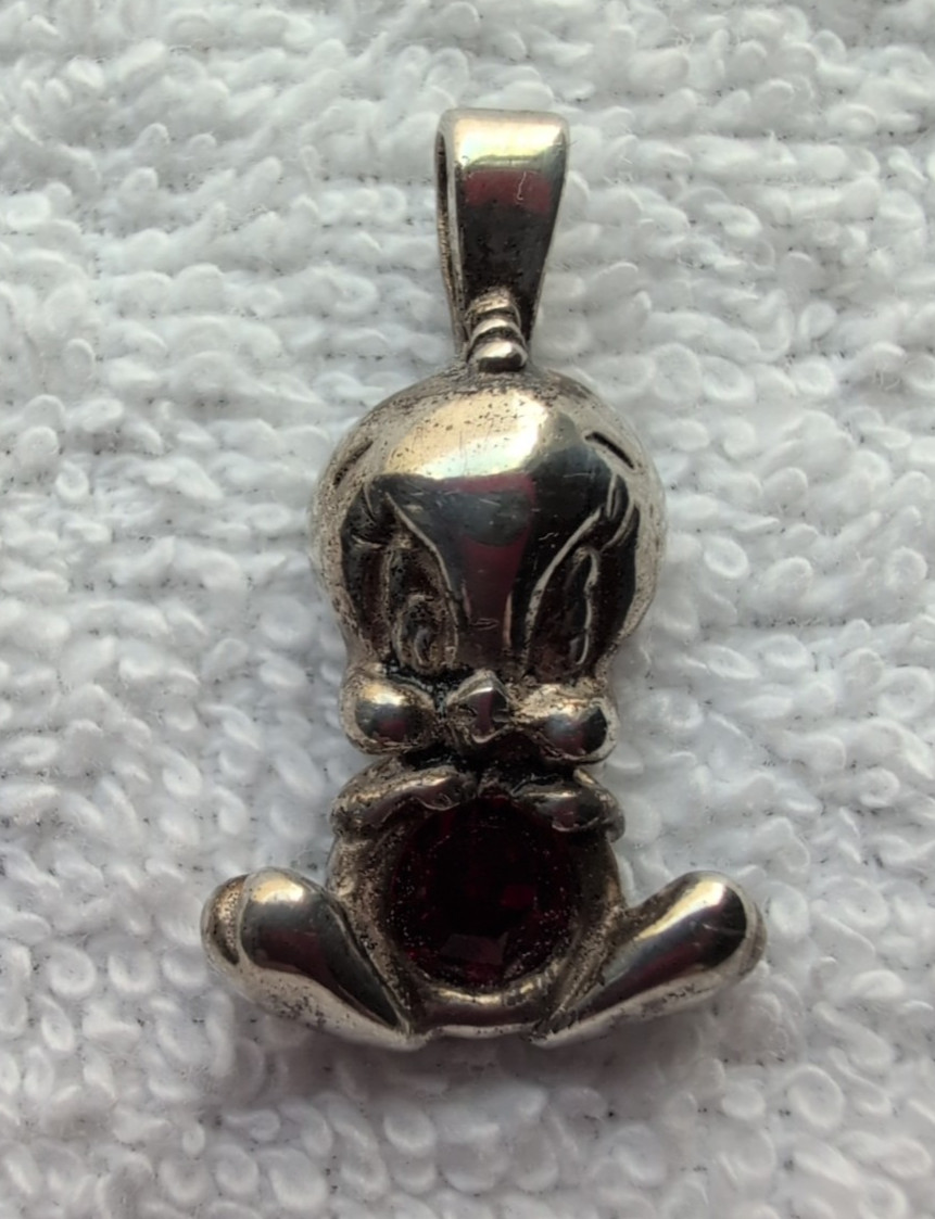 Vintage Tweety Bird Pendant Warner Bros. Sterling 925 red foil backed rhinestone