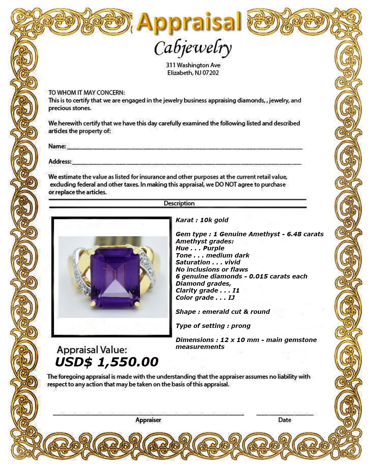 GENUINE 6.48 Cts AMETHYST & DIAMONDS RING 10K GOLD – Free Appraisal Service -NWT