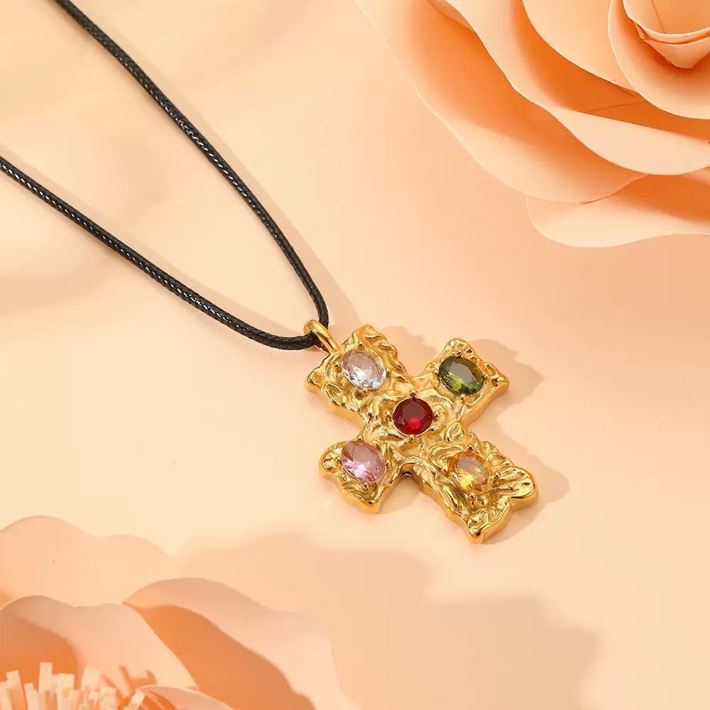Stainless Steel Waxed Cord Colored Zircon Hammer Cross Inlaid Zircon Necklace