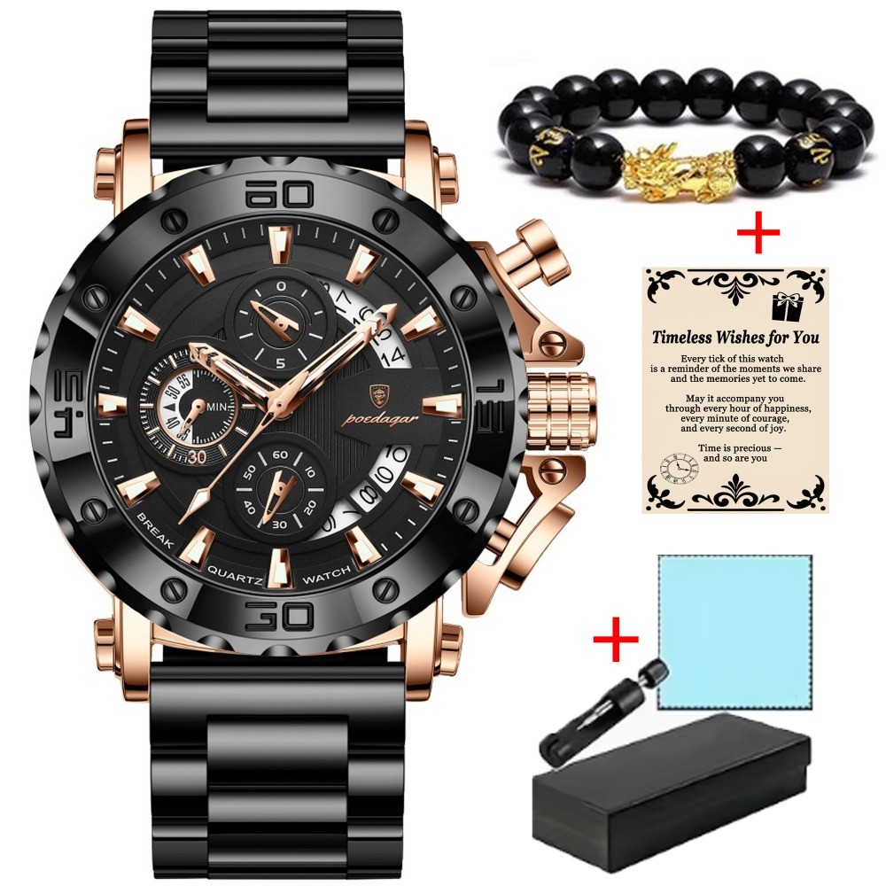 POEDAGAR Luxury Men’s Calendar Luminous Waterproof Stainless Steel Quartz Watch